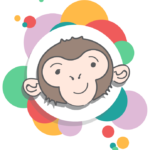 Cha Char Chimps Logo, cartoon monkey with coloured spots background
