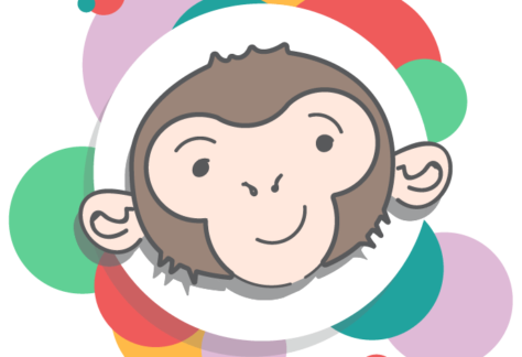 Cha Char Chimps Logo, cartoon monkey with coloured spots background