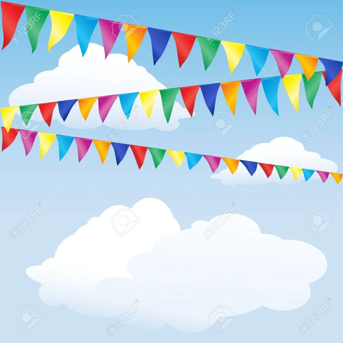 three strings of colourful bunting against blue skies with white fluffy clouds