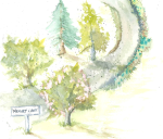 Memory lane artist impression of tree lined lane in pastel shades with sign post saying memory lane