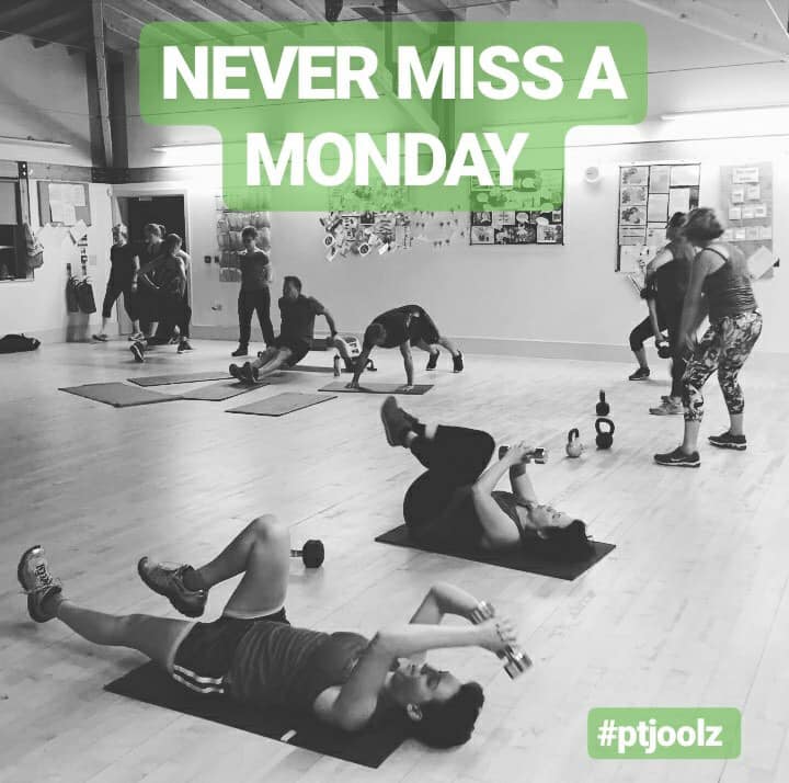 People doing a rande of fitness activities, some on mats on the floor, some swinging kettlebells around. Text saying "Never Miss A Monday" and "#PTJoolz"