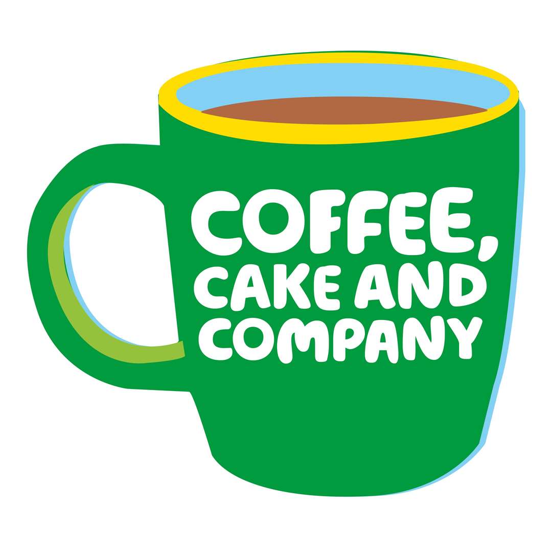 green cartoon mug with writing saying coffee, cake and company