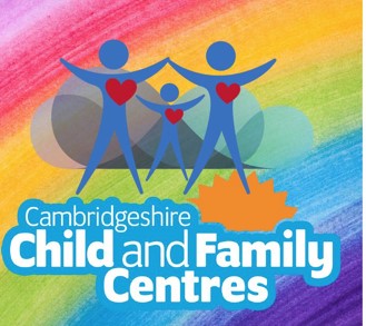Cambridgeshire Child and Family Centres logo, showing cartoon people with big red hearts standing in front of a rainbow background.