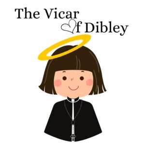 Cartoon image of a female vicar with a halo