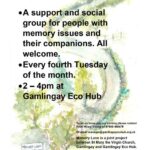 An image of a watercolour painting of a winding lane surrounded by trees in blossom. The picture is overlaid with text saying "Memory Lane. A support and social group for people with memory issues and dementia and for their companions. All welcome. Every fourth Tuesday of the month. 2-4pm at Gamlingay Eco Hub. For more information tel Revd Hilary Young 07980468479 or email manager@gamlingayecohub.org.uk. Memory Lane is a joint project between Gamlingay Eco Hub and St Mary the Virgin Church, Gamlingay and is supported by Cultivate Cambs.